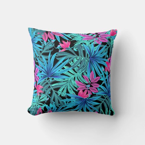 Neon Pink and Blue Tropical Plant Pattern Throw Pi Throw Pillow