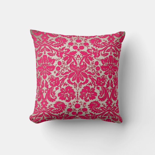 Neon Pink and Gold Damask Throw Pillow (Front)