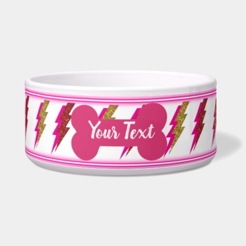 Neon Pink and Gold Lightning Bold Glitter Pet Bowl