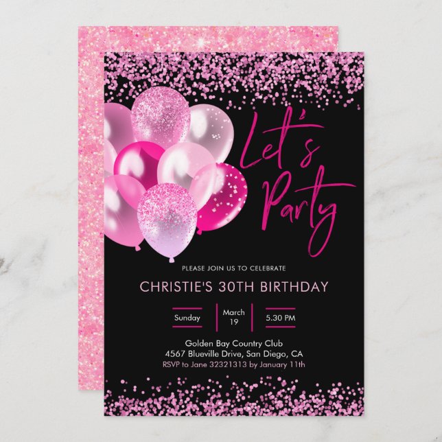 Neon Pink and Gold Sparkling Party Invitation (Front/Back)