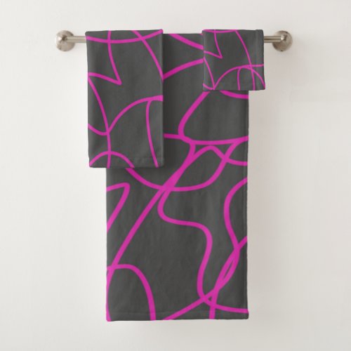 Neon Pink and Gray Line Art Bath Towel Set