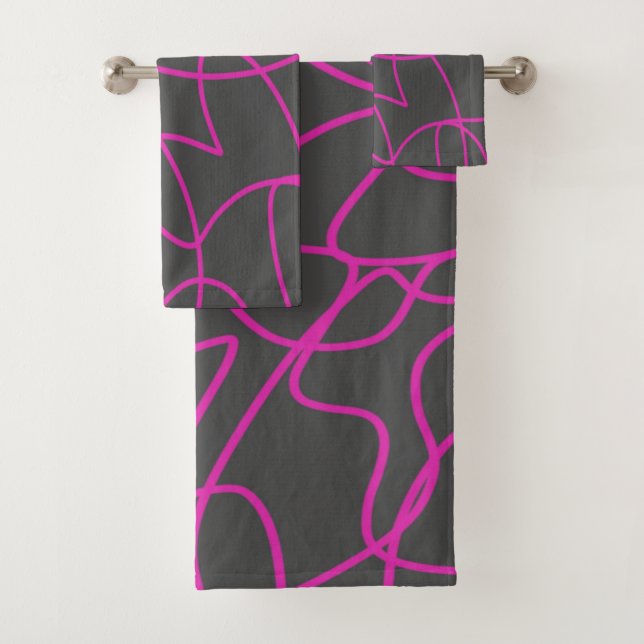 Neon Pink and Gray Line Art Bath Towel Set (Insitu)
