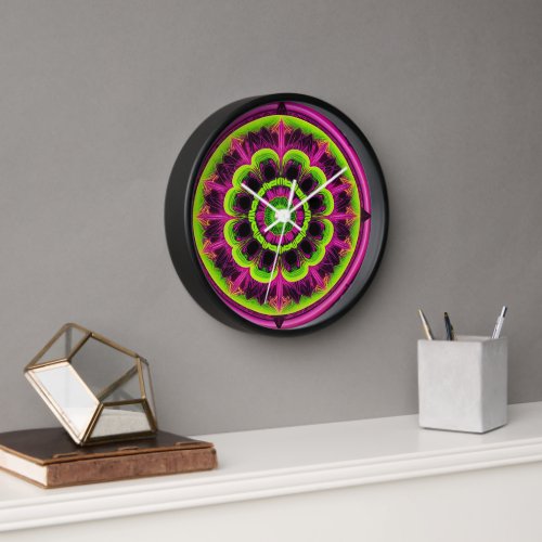 Neon Pink And Green Kaleidoscope Design Clock