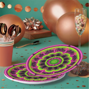 Neon Pink And Green Kaleidoscope Design Paper Plates