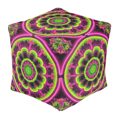 Neon Pink And Green Kaleidoscope Design Pouf