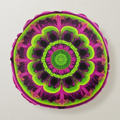 Neon Pink And Green Kaleidoscope Design Round Pillow