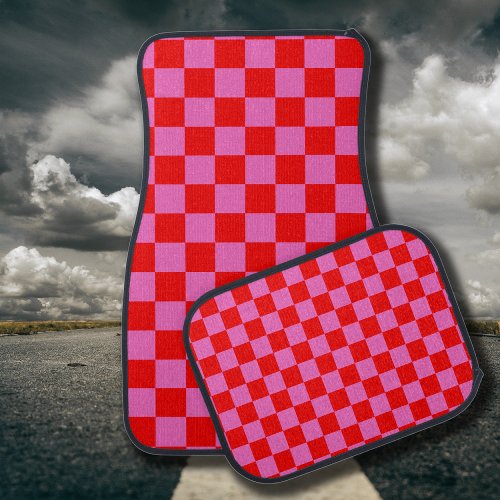 Neon Pink and Red Checkered Checkerboard Vintage Car Floor Mat