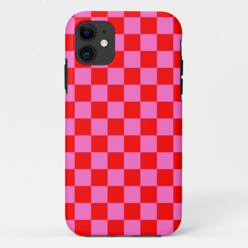 Neon Pink and Red Checkered Checkerboard Vintage iPhone 11 Case