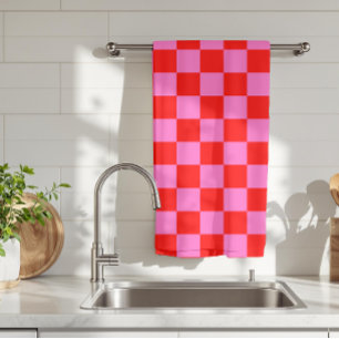 Neon Pink and Red Checkered Checkerboard Vintage Kitchen Towel