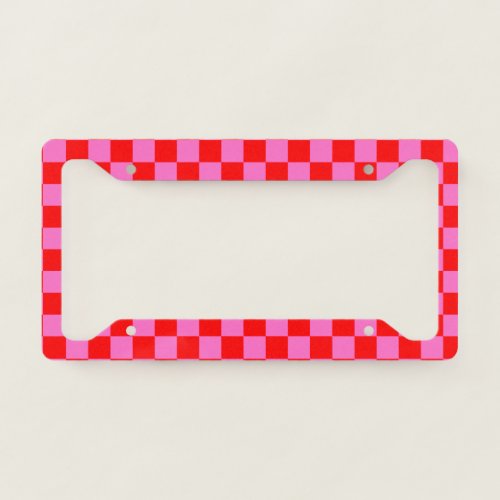 Neon Pink and Red Checkered Checkerboard Vintage License Plate Frame