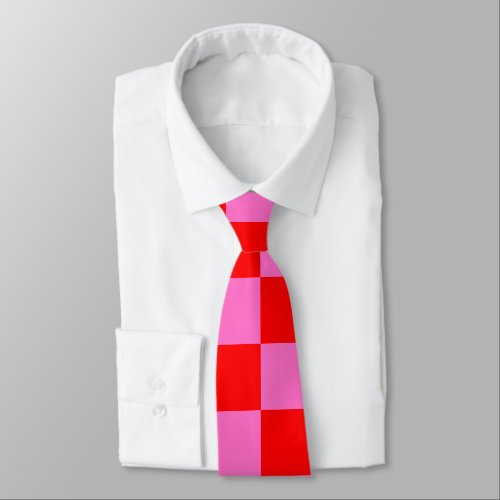 Neon Pink and Red Checkered Checkerboard Vintage Neck Tie