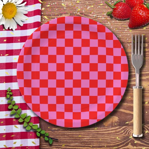 Neon Pink and Red Checkered Checkerboard Vintage Paper Plates