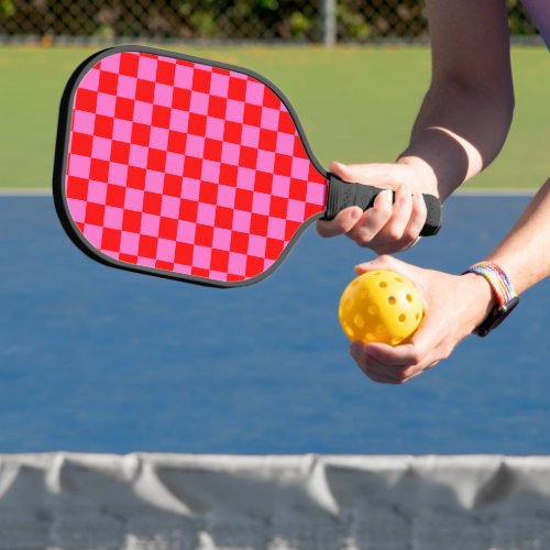 Neon Pink and Red Checkered Checkerboard Vintage Pickleball Paddle