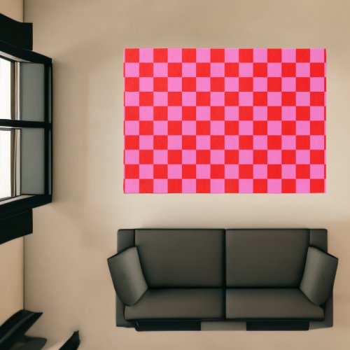 Neon Pink and Red Checkered Checkerboard Vintage Rug