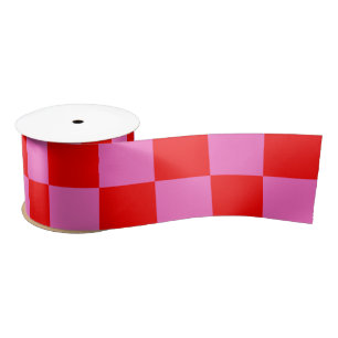 Neon Pink and Red Checkered Checkerboard Vintage Satin Ribbon