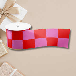 Neon Pink and Red Checkered Checkerboard Vintage Satin Ribbon