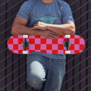 Neon Pink and Red Checkered Checkerboard Vintage Skateboard