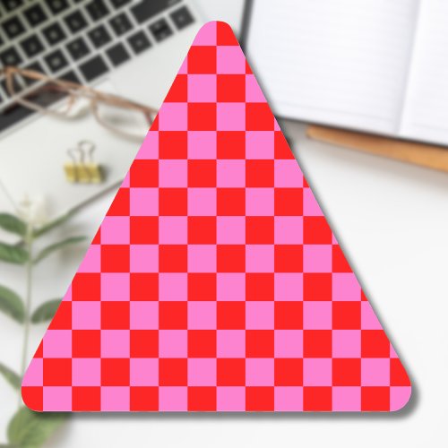 Neon Pink and Red Checkered Checkerboard Vintage Triangle Sticker