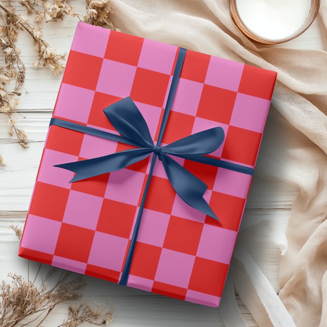 Neon Pink and Red Checkered Checkerboard Vintage Wrapping Paper (Creator Uploaded)