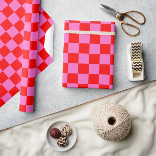 Neon Pink and Red Checkered Checkerboard Vintage Wrapping Paper
