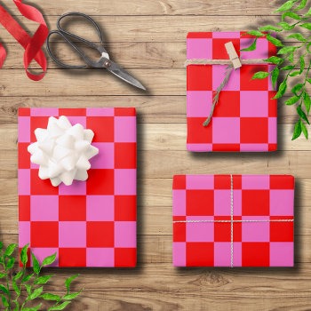 Neon Pink And Red Checkered Checkerboard Vintage Wrapping Paper Sheets by Joanna_Design at Zazzle