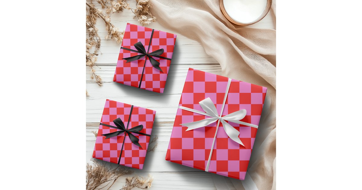 Neon Pink and Red Checkered Checkerboard Vintage Wrapping Paper Sheets ...