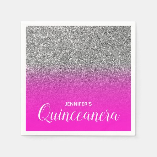 Neon Pink and Silver Glitter Ombre Quinceanera Napkins