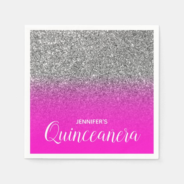 Neon Pink and Silver Glitter Ombre Quinceanera Napkins (Front)