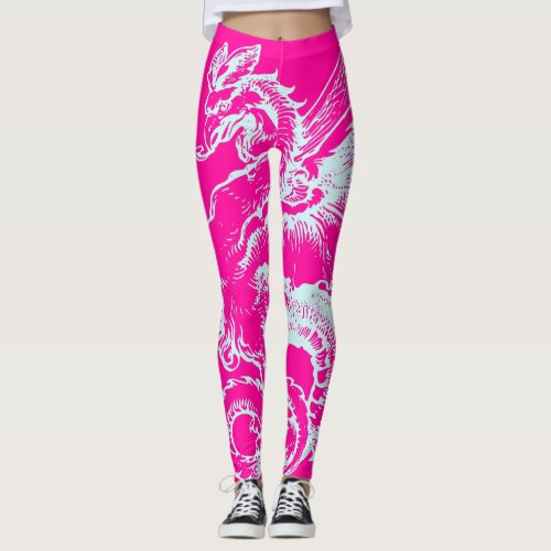 Neon Pink and Teal Dragon Pattern Athletic Leggings