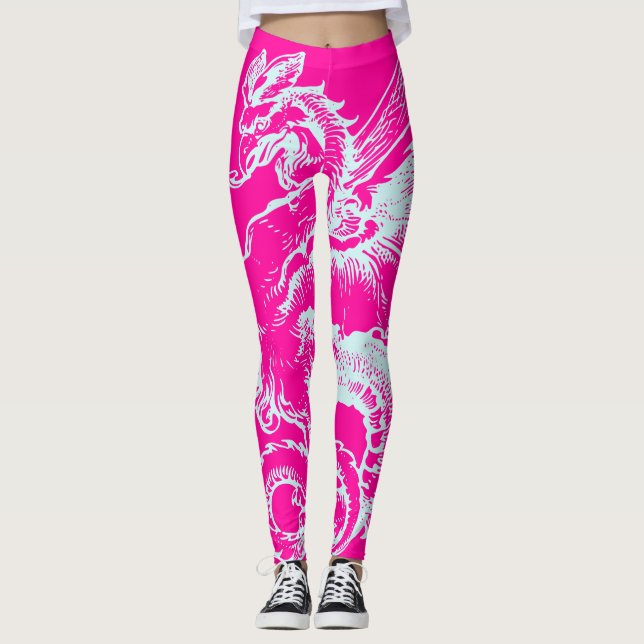 Neon Pink and Teal Dragon Pattern Athletic Leggings (Front)