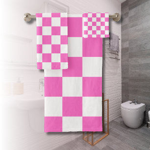 Neon Pink and White Checkered Checkerboard Vintage Bath Towel Set