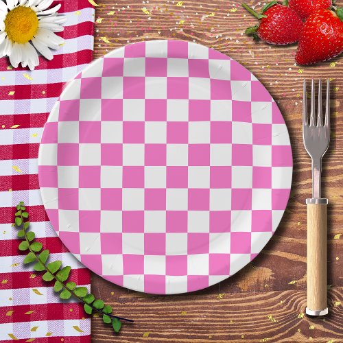 Neon Pink and White Checkered Checkerboard Vintage Paper Plates