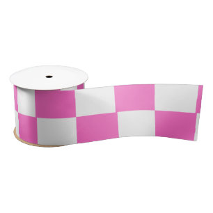 Neon Pink and White Checkered Checkerboard Vintage Satin Ribbon