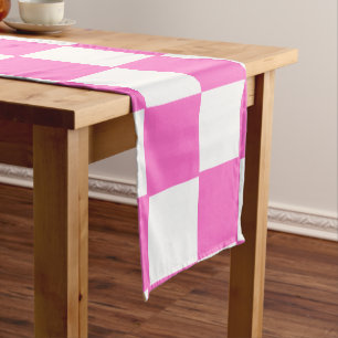 Neon Pink and White Checkered Checkerboard Vintage Short Table Runner