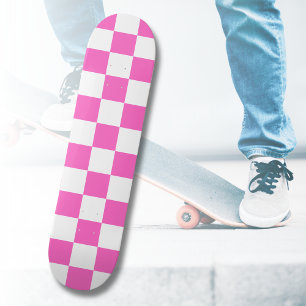 Neon Pink and White Checkered Checkerboard Vintage Skateboard