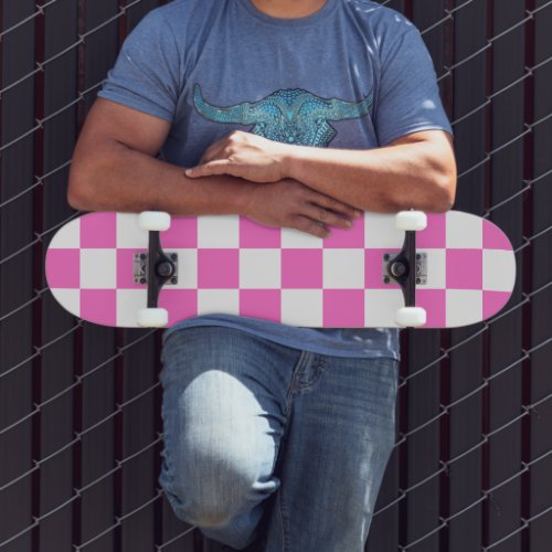 Neon Pink and White Checkered Checkerboard Vintage Skateboard