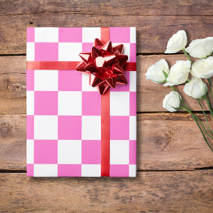 Neon Pink and White Checkered Checkerboard Vintage Wrapping Paper