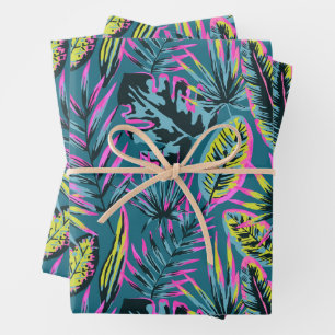 Neon Pink and Yellow Abstract Tropical Leaves  Wrapping Paper Sheets