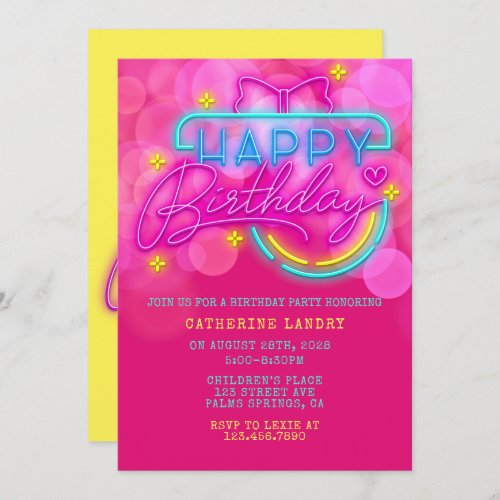 Neon Pink and Yellow Happy Birthday Party Invitation