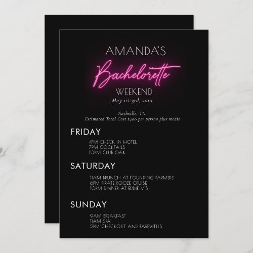 Neon Pink Bachelorette Weekend Itinerary Invitation