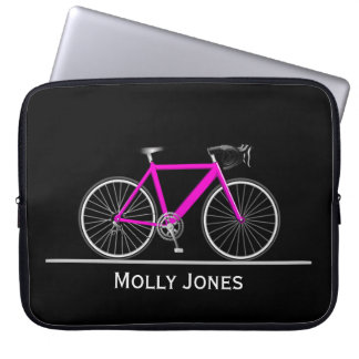 Neon Pink Bike with Name on Black Laptop Sleeve