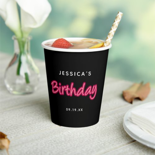 Neon Pink  Black Birthday Party Girl Paper Cups