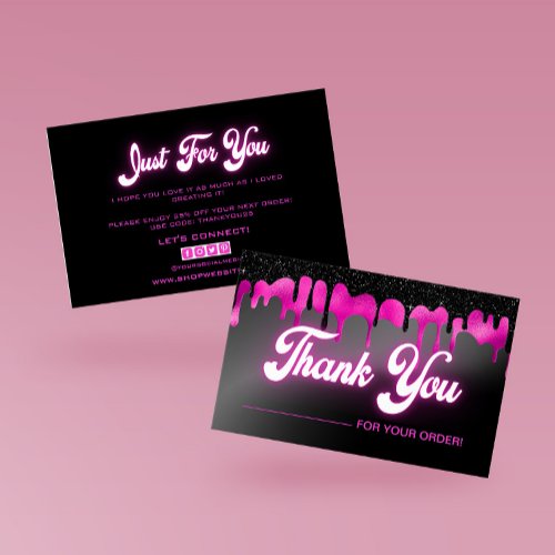 Neon Pink Black dripping glitter thank you card