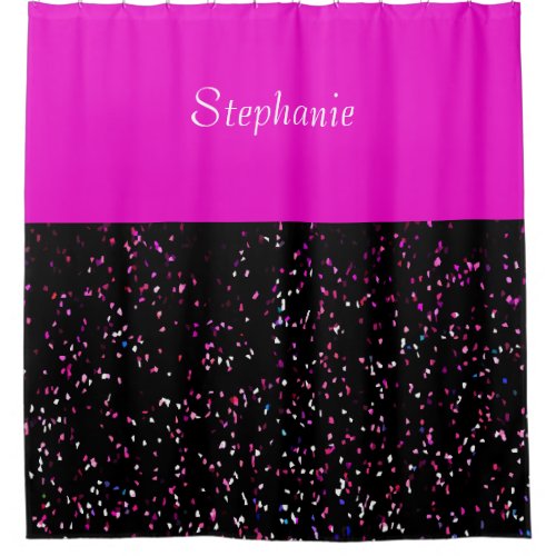 Neon Pink Black Glitter Patterns Custom Name Girly Shower Curtain