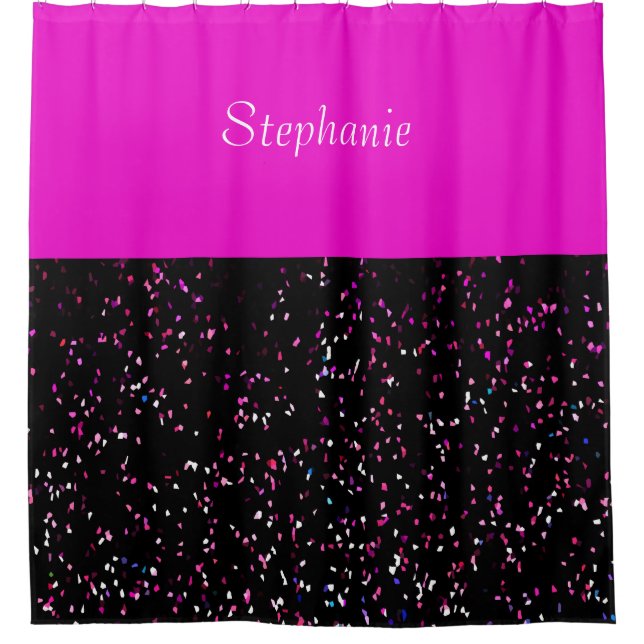 Neon Pink Black Glitter Patterns Custom Name Girly Shower Curtain (Front)