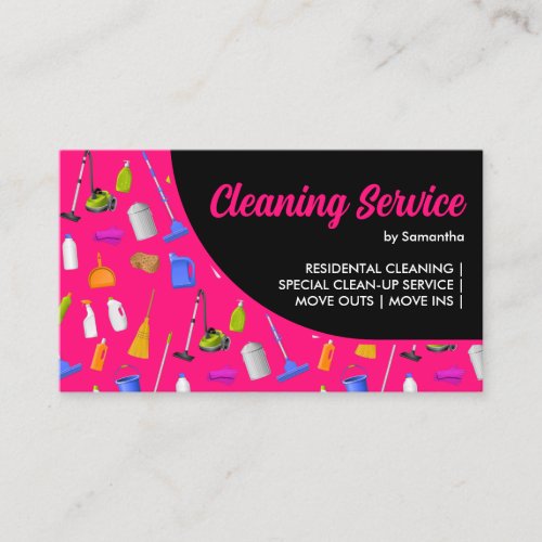 Neon Pink Black Modern House Cleaning Service Business Card