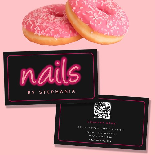 Neon Pink Black Nail Salon Technician QR Code Business Card