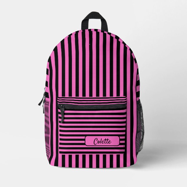 Neon Pink Black Vintage Striped Name Printed Backpack (Front)
