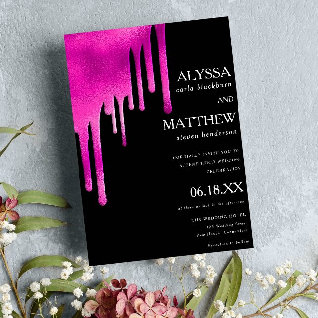 Neon pink black watercolor gradient drips wedding  invitation (Neon pink black watercolor gradient drips wedding)