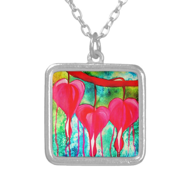 Neon pink Bleeding Hearts art flowers Silver Plated Necklace (Front)